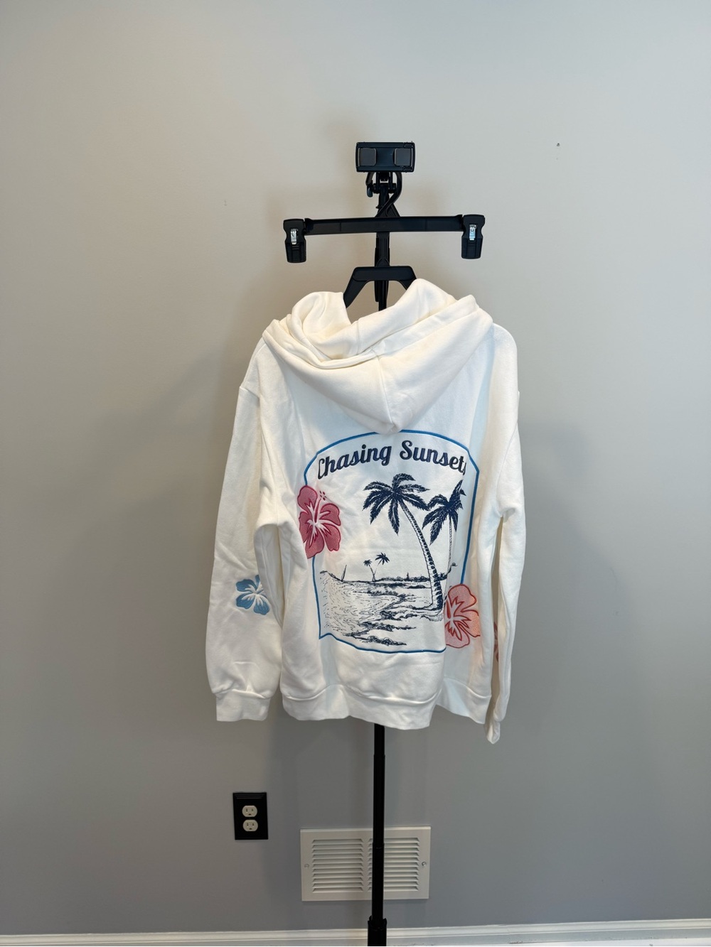 Altar'd State Cream Hoodie with Blue Palm Print and Pink Floral Accents - Picture 5 of 5